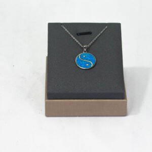 PENDANT AND NECKLACE SILVER YIN AND YANG TURQUISE BLUE ROUND COLOR