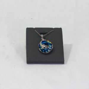 PENDANT AND NECKLACE SILVER BLUE CIRCLE DOLPHIN INSIDE