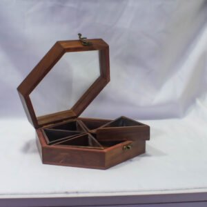 WOODEN BOX 8.5X8.5" HEXAGON  6 DIVIDERS TOP GLASS