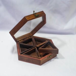 WOODEN BOX 12" HEXAGON 6 DIVIDERS TOP GLASS..